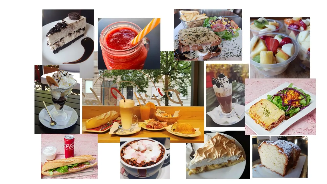 Sélection de produits du P'tit Café : pâtisseries, smoothie, croque, salades de fruits, chocolat chaud, lasagnes, sandwich et cake